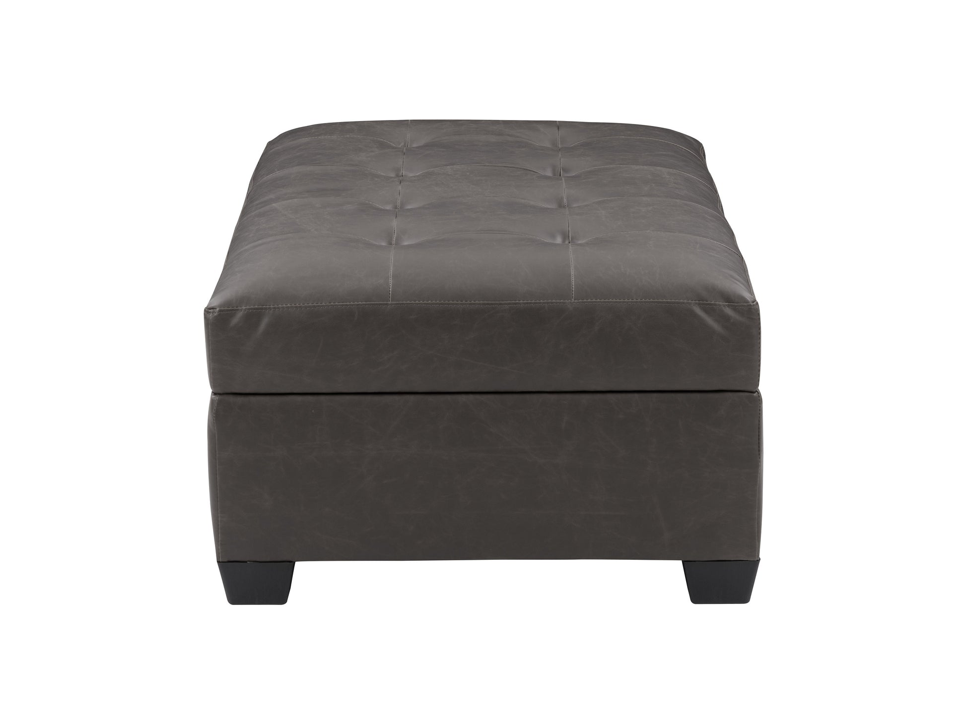 Gray upholstered ottoman with wooden legs, tufted top, and contemporary design. Ideal for living rooms, bedrooms, or offices.