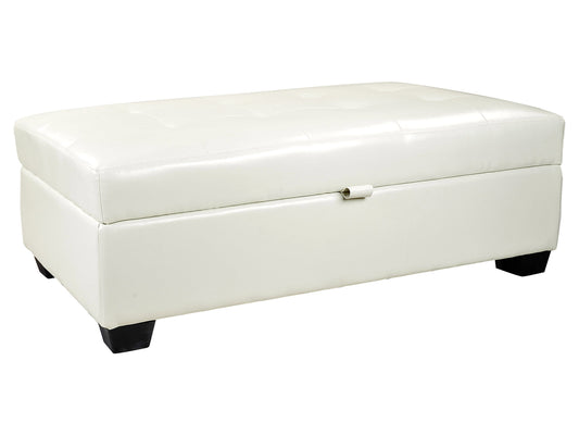 Modern beige ottoman with tufted fabric, wooden legs, and a minimalist design, perfect for living room seating or footrest.