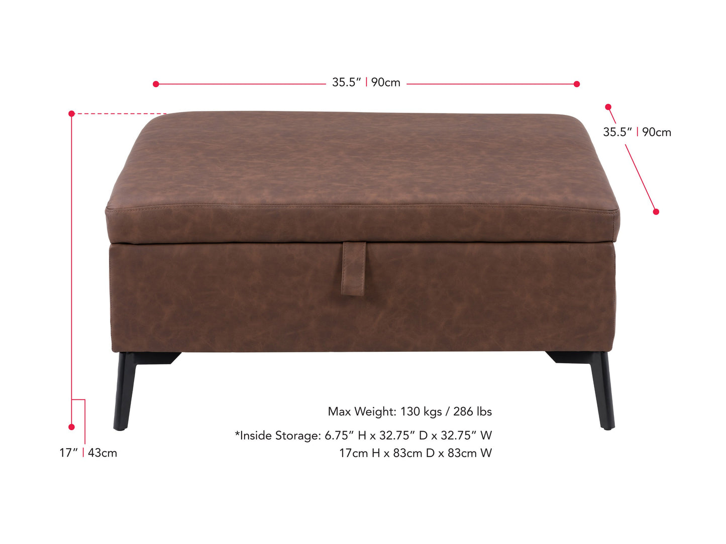 dark brown Mid-Century Modern Ottoman Linden Collection measurements diagram by CorLiving#color_linden-dark-brown