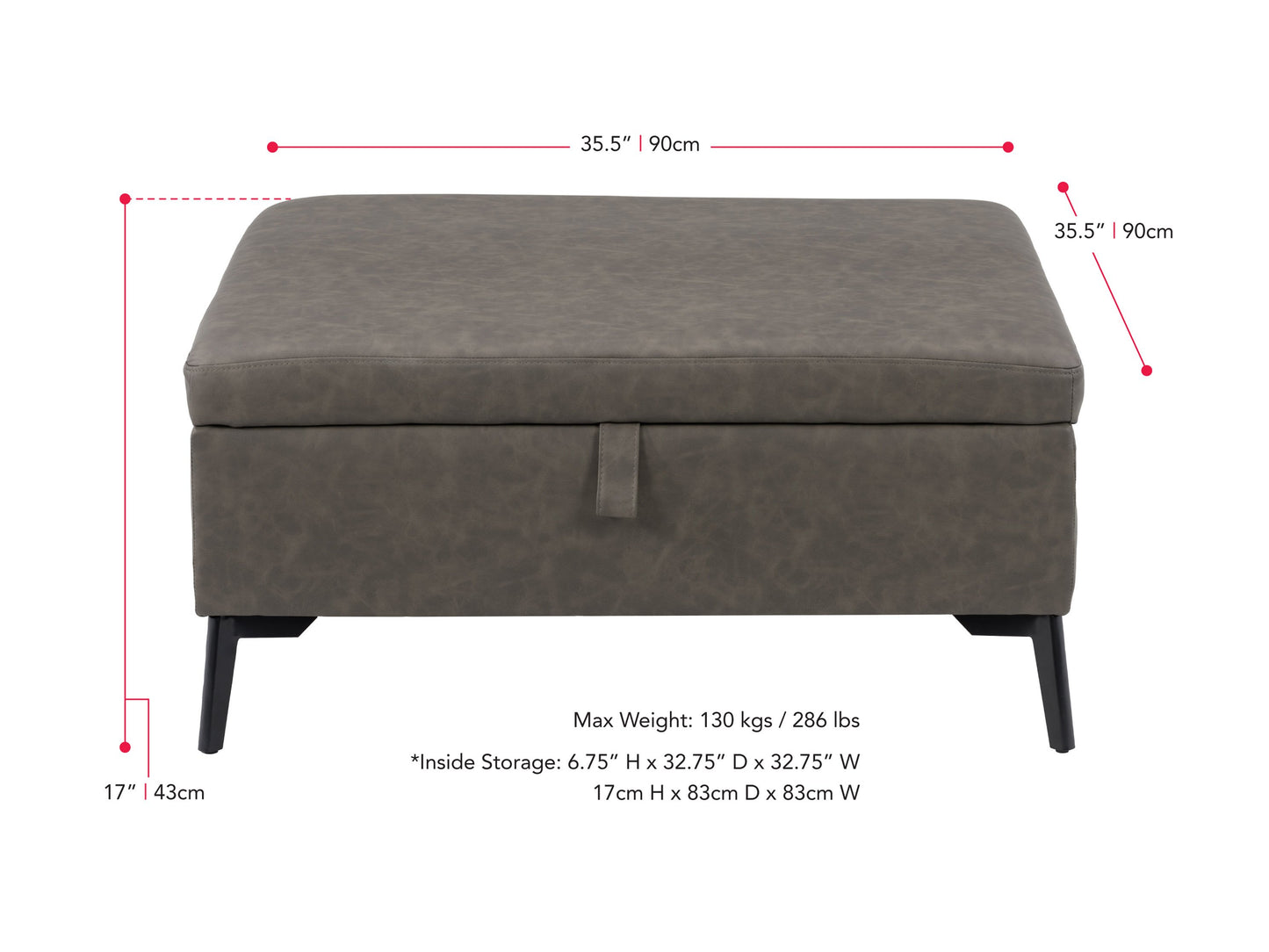 grey Mid-Century Modern Ottoman Linden Collection measurements diagram by CorLiving#color_linden-grey