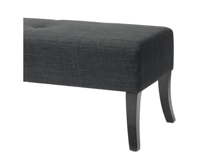 Gray upholstered bench with tufted cushion, sleek black metal legs, and minimalist design. Ideal for modern living rooms or entryways, offering both comfort and style with durable fabric and sturdy construction.