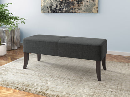 Mid-century modern wooden bench with natural finish, black metal hairpin legs, and a slatted seat design, perfect for entryways, living rooms, or bedrooms.