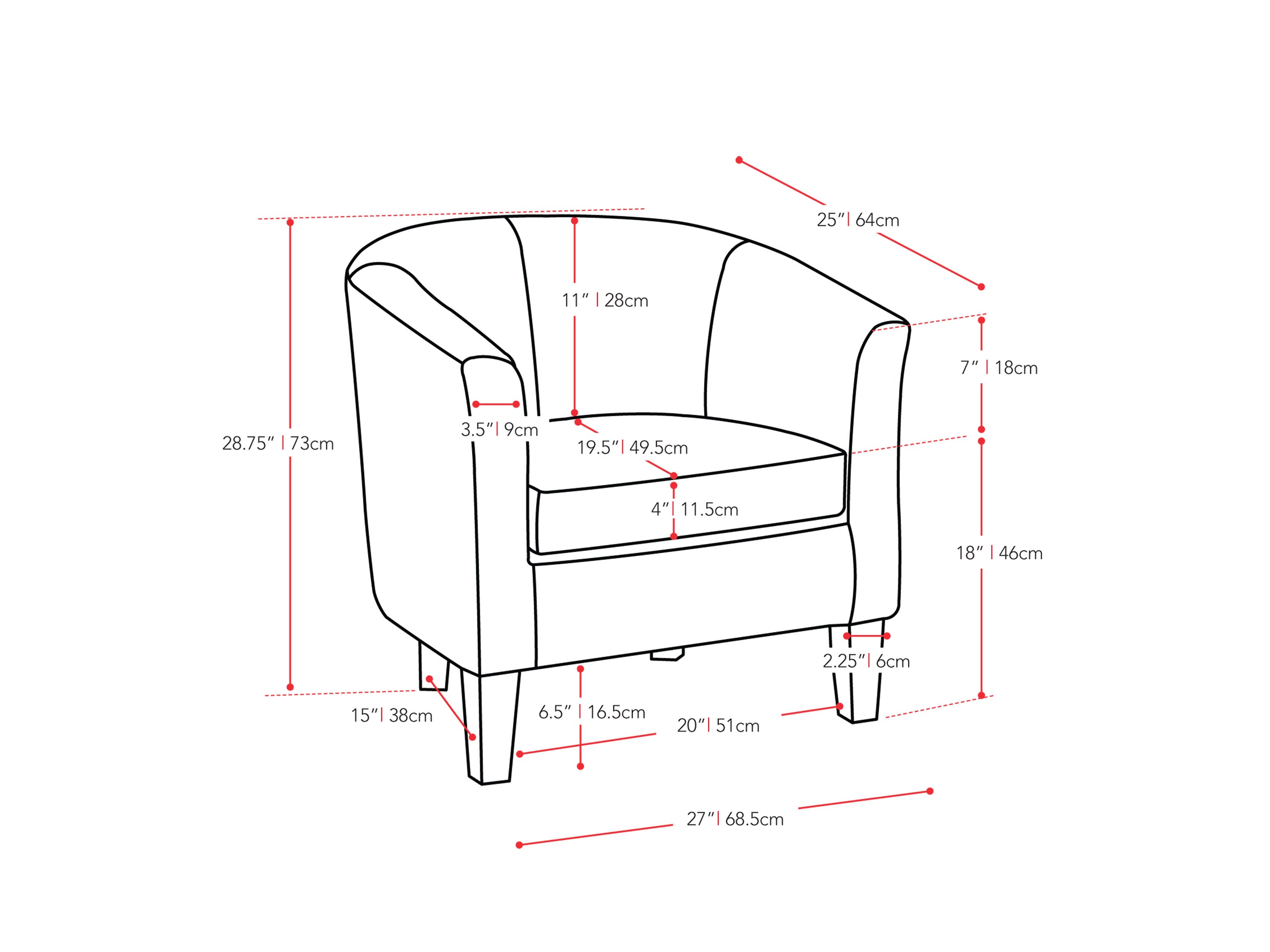 black Leather Barrel Chair Sasha Collection measurements diagram by CorLiving#color_sasha-black