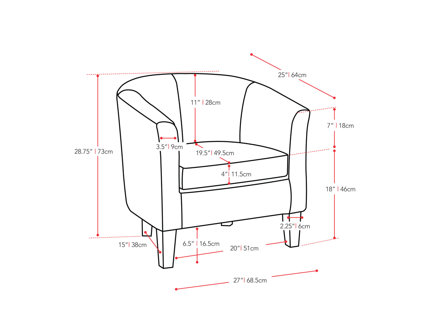 white Leather Barrel Chair Sasha Collection measurements diagram by CorLiving#color_sasha-white