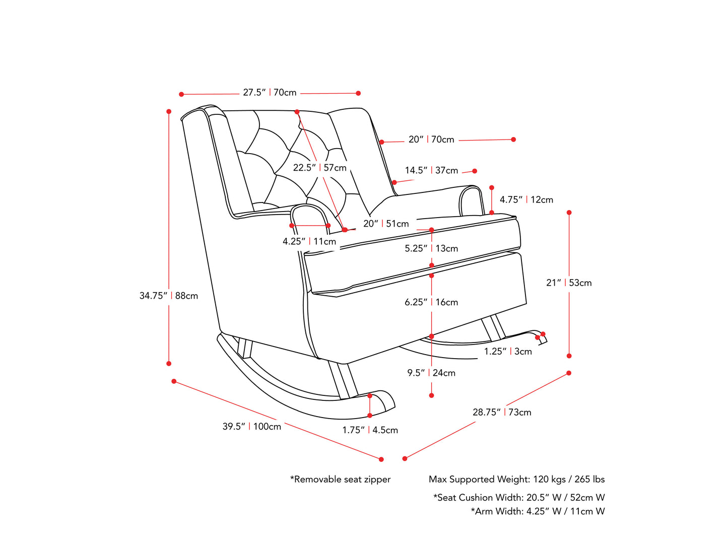 dark grey Modern Rocking Chair Freya Collection measurements diagram by CorLiving#color_freya-dark-grey