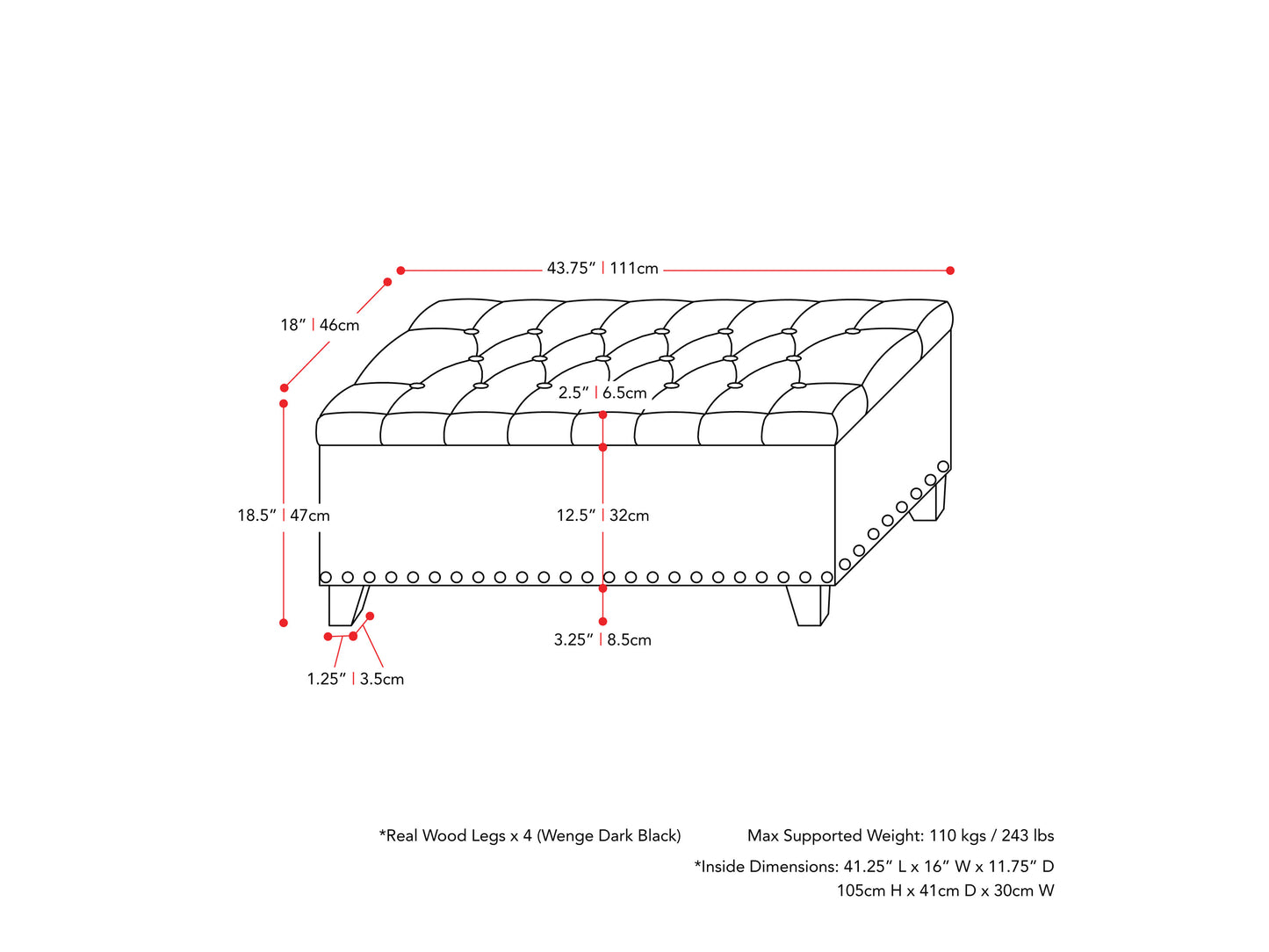 beige End of Bed Storage Bench Leilani Collection measurements diagram by CorLiving#color_leilani-beige