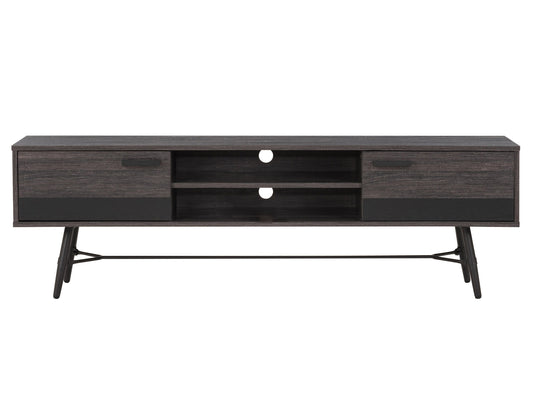 Mid-century modern TV stand for TVs up to 85 inches, featuring walnut wood finish, sleek metal legs, two open shelves, and sliding cabinet doors, perfect for stylish and functional living room storage.