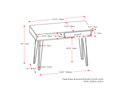 Modern wooden desk with sleek black metal legs, featuring a spacious rectangular tabletop and a minimalist design perfect for home offices or study areas.