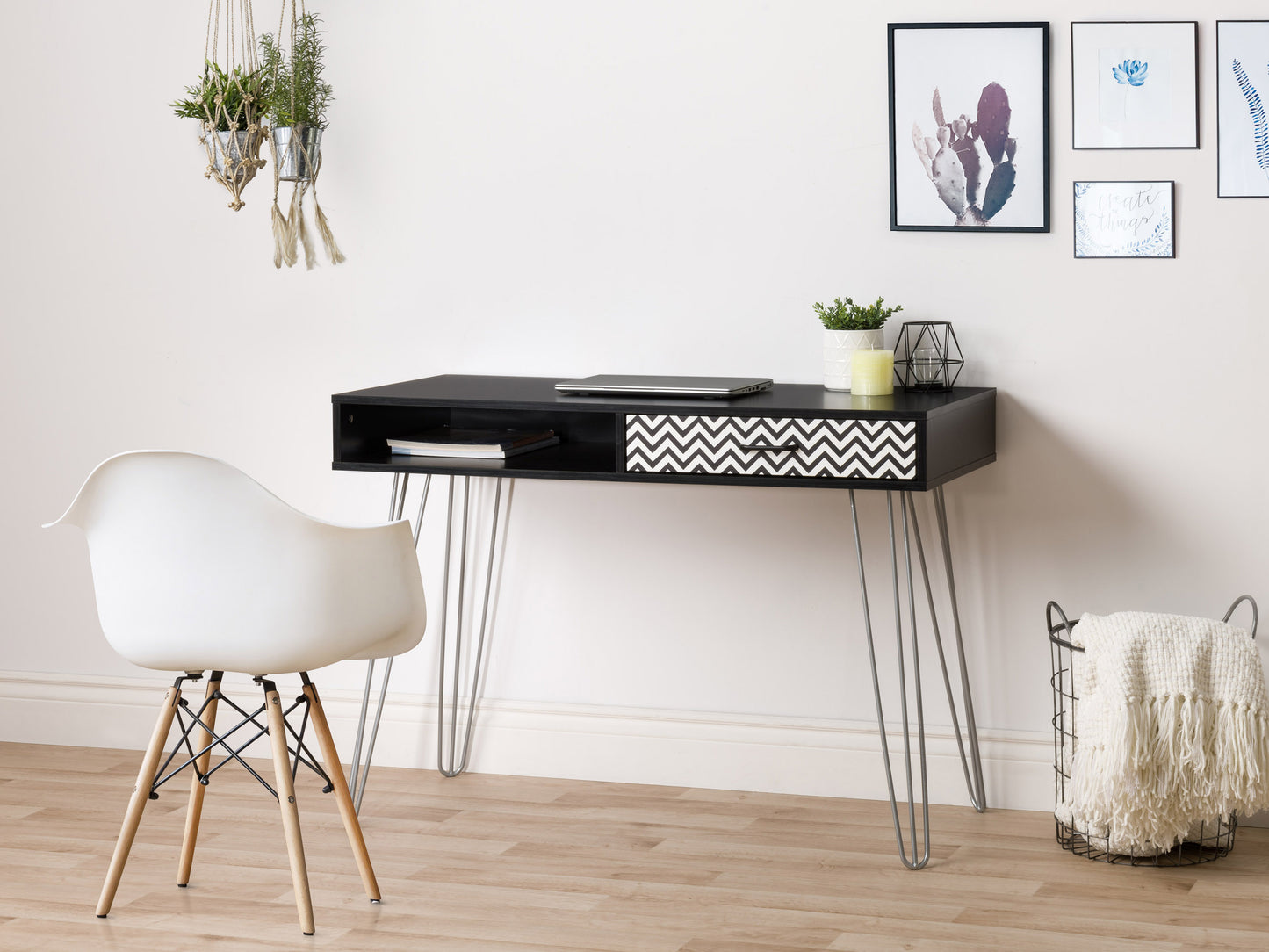 Modern wooden desk with sleek black metal legs, spacious tabletop, and minimalist design, perfect for home office or study.