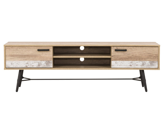 Mid-century modern TV stand for TVs up to 85 inches, featuring a sleek walnut finish, two sliding doors with grooved handles, and open shelving for storage.