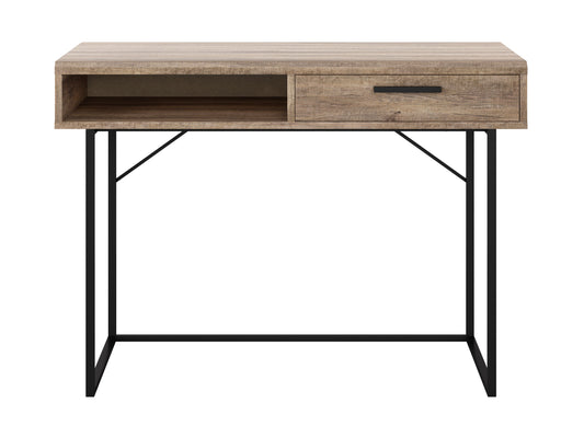 Modern wooden desk with white metal legs, featuring a spacious rectangular surface, sleek minimalist design, and light oak finish, perfect for home office or study room.