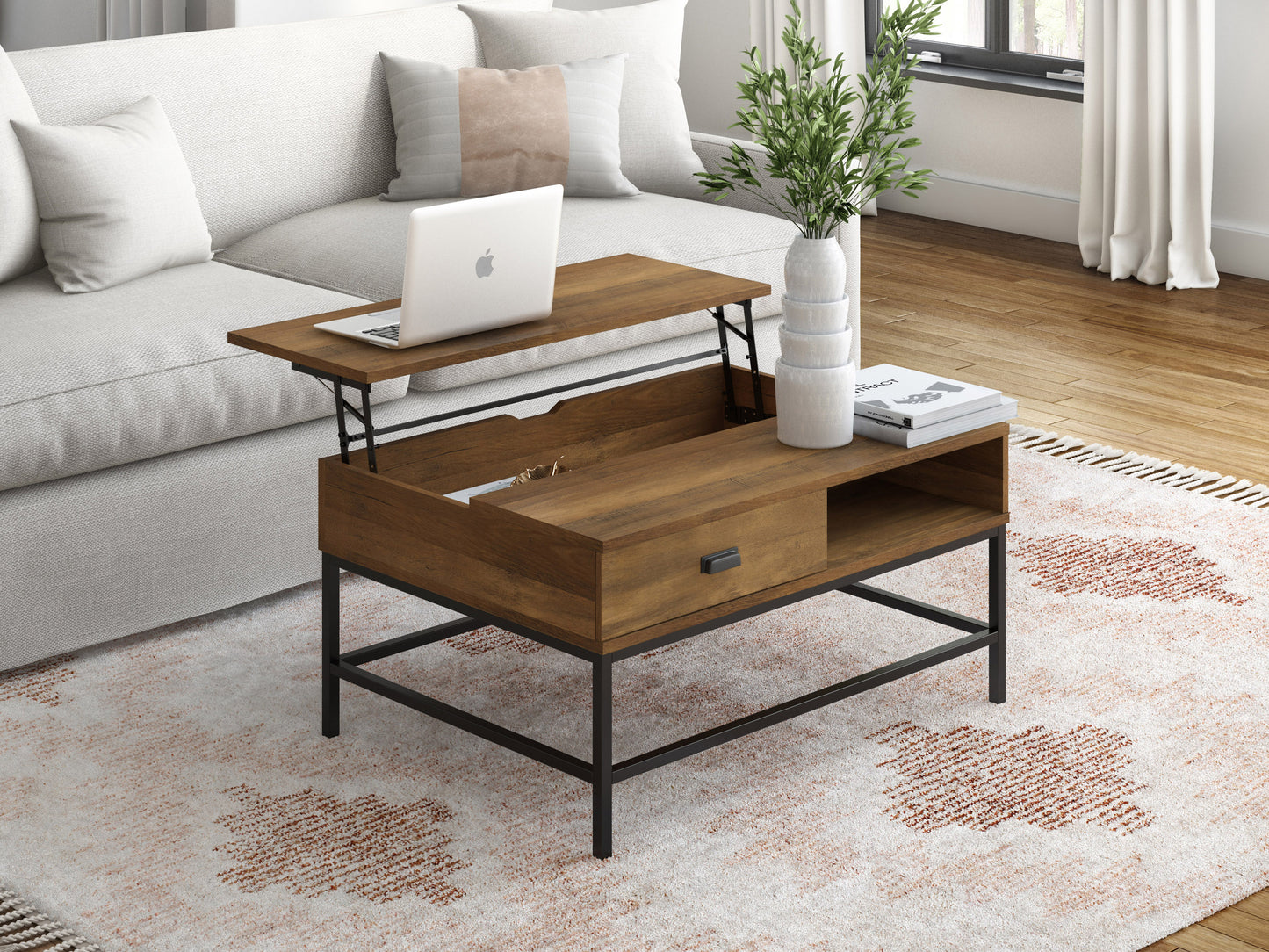 Farmhouse lift top coffee table with a rustic oak finish, featuring a spacious hidden storage compartment, sturdy black metal legs, and a distressed wood texture, perfect for a cozy living room setting.