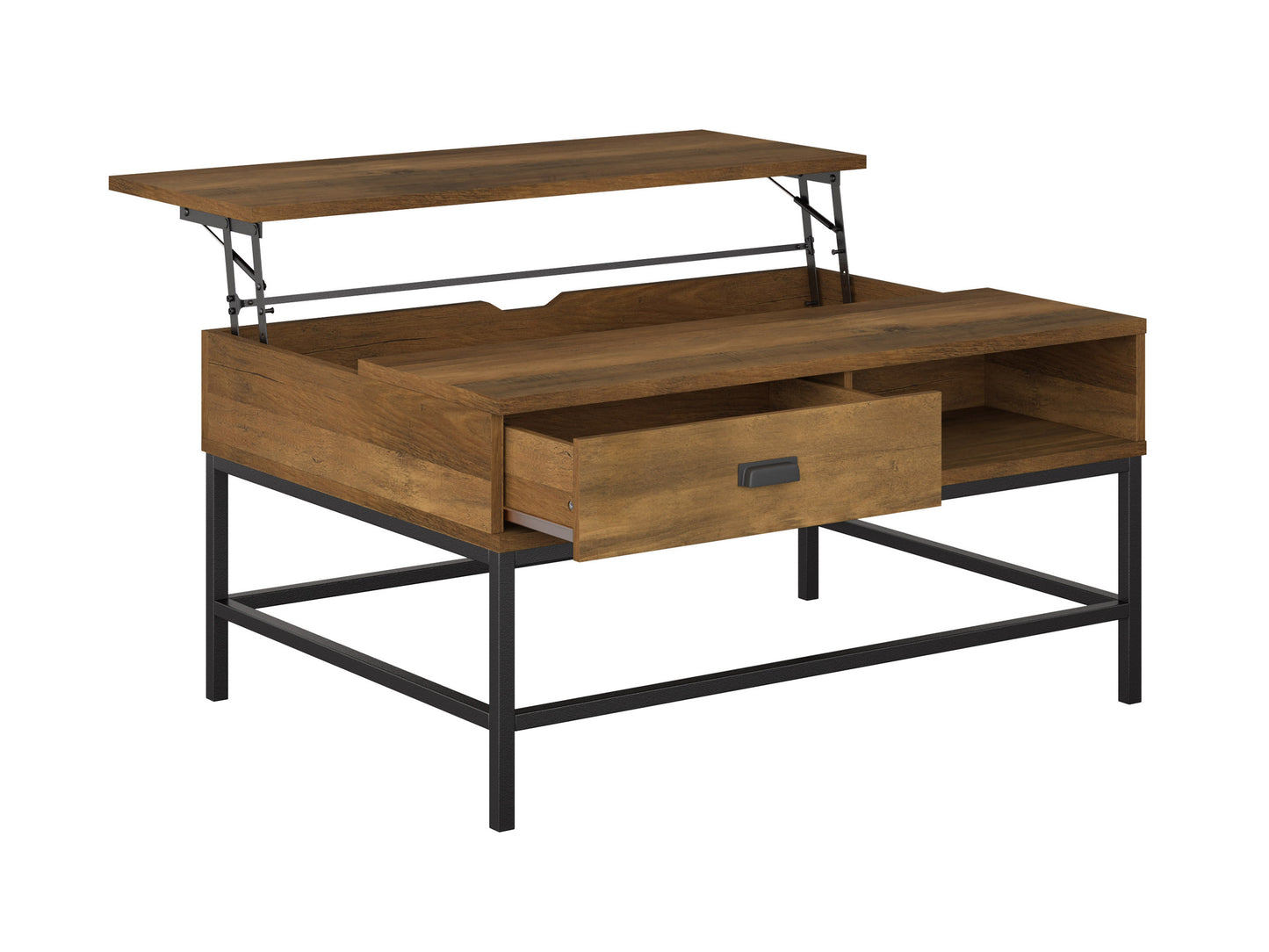 Modern rectangular coffee table with a sleek black metal frame, clear glass top, and lower wooden shelf featuring a natural oak finish. Ideal for contemporary living rooms and minimalist decor.