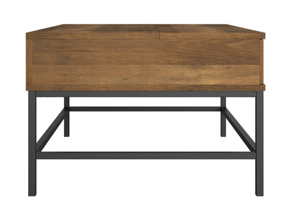 Modern rectangular coffee table with a sleek black metal frame and a clear glass top, featuring a lower wooden shelf in a natural oak finish, perfect for contemporary living rooms.