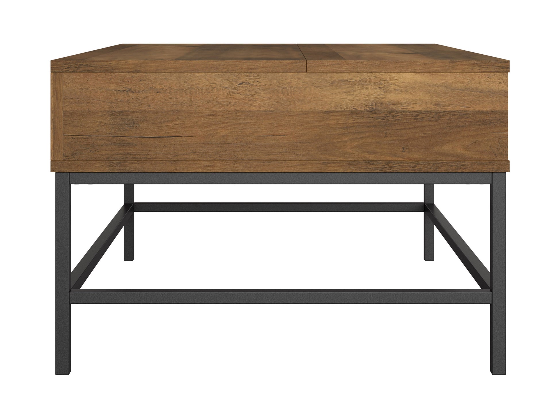 Farmhouse lift top coffee table with rustic brown finish, black metal accents, and storage compartment. Ideal for living rooms, blending vintage charm with modern functionality.