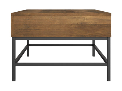 Farmhouse lift top coffee table with rustic brown finish, black metal accents, and storage compartment. Ideal for living rooms, blending vintage charm with modern functionality.