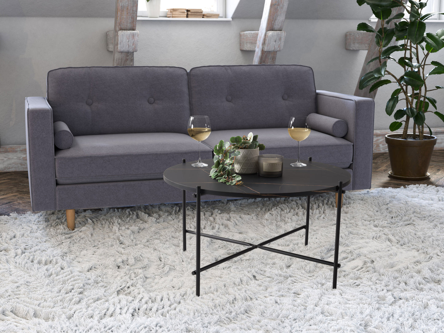 Modern rectangular coffee table with white marble top and sleek black metal frame, featuring a lower shelf for storage, ideal for contemporary living rooms.