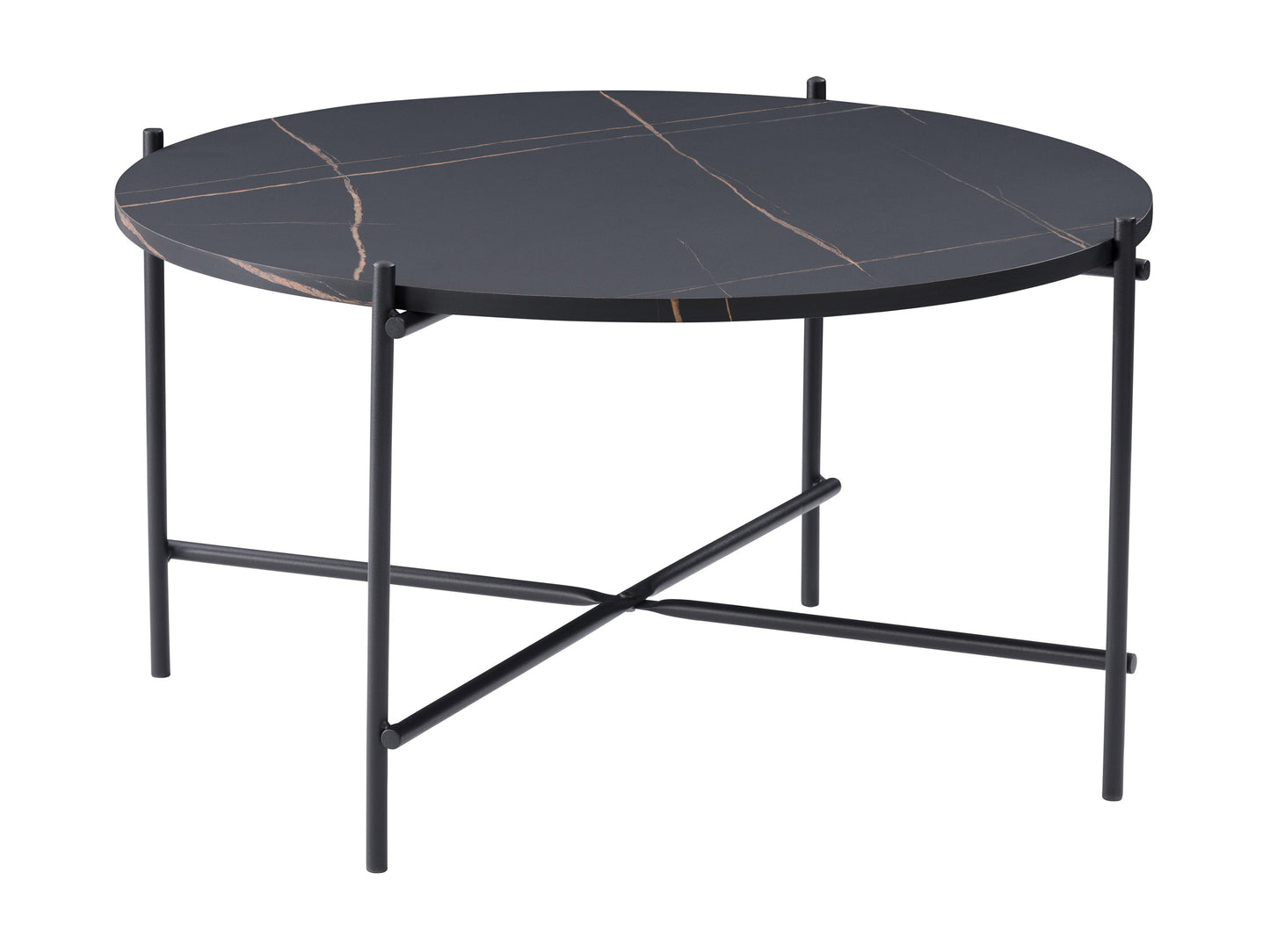 Black round coffee table with a sleek metal frame and dark glass top, featuring a minimalist design and sturdy construction, perfect for modern living rooms.