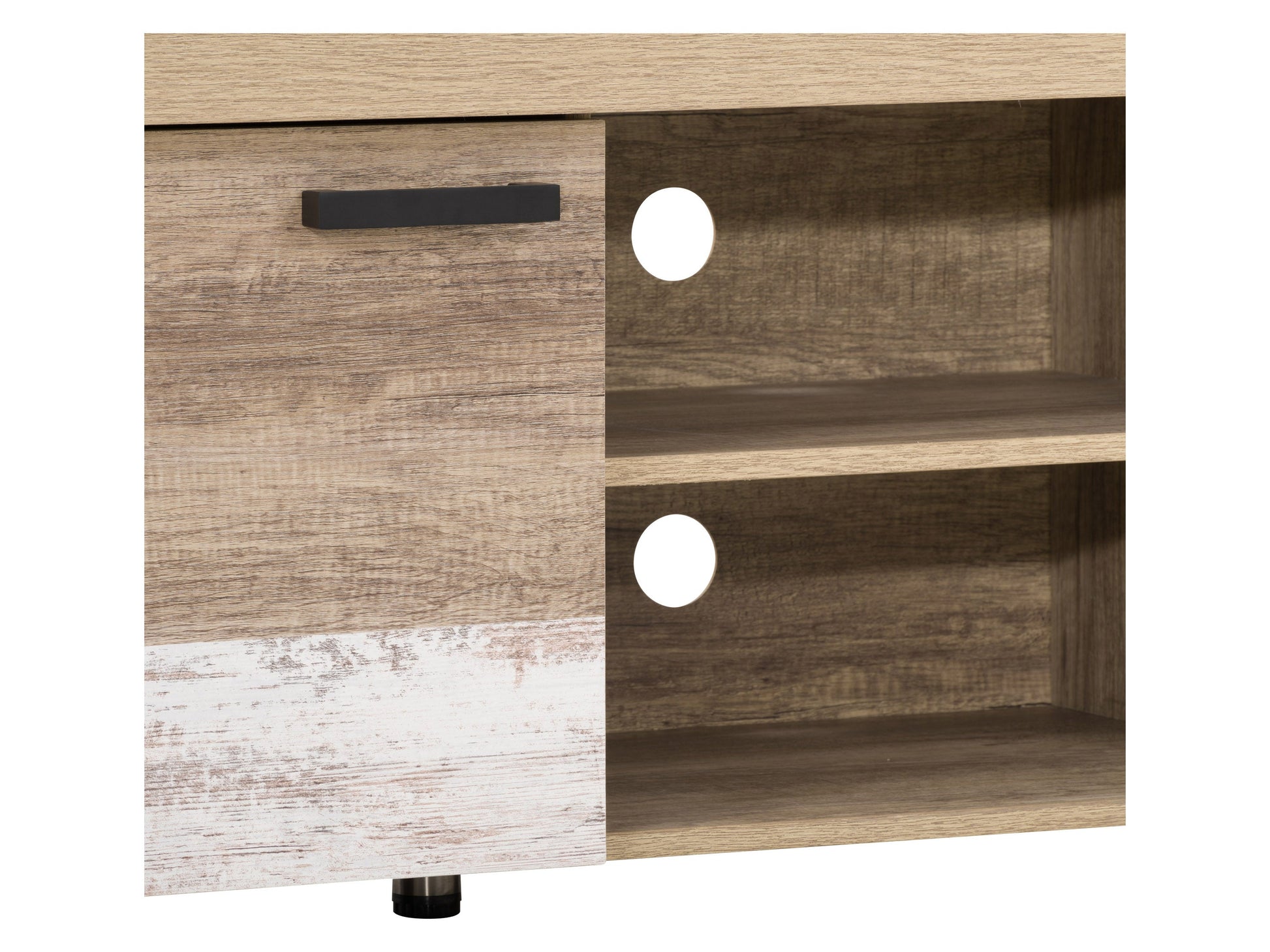 Modern wooden TV stand with sleek black metal legs, featuring two side cabinets with doors, a central open shelf, and a rich walnut finish, suitable for TVs up to 85 inches.