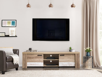 Modern TV stand with doors, fits TVs up to 85 inches, featuring a sleek black and brown wood finish, minimalist design, ample storage space, and sturdy metal legs.