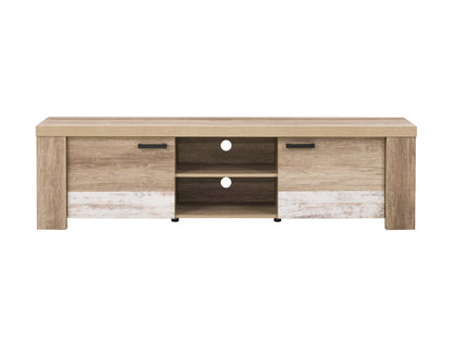 Modern TV stand with doors, fits TVs up to 85 inches, featuring a sleek white finish, natural wood accents, and minimalist design.