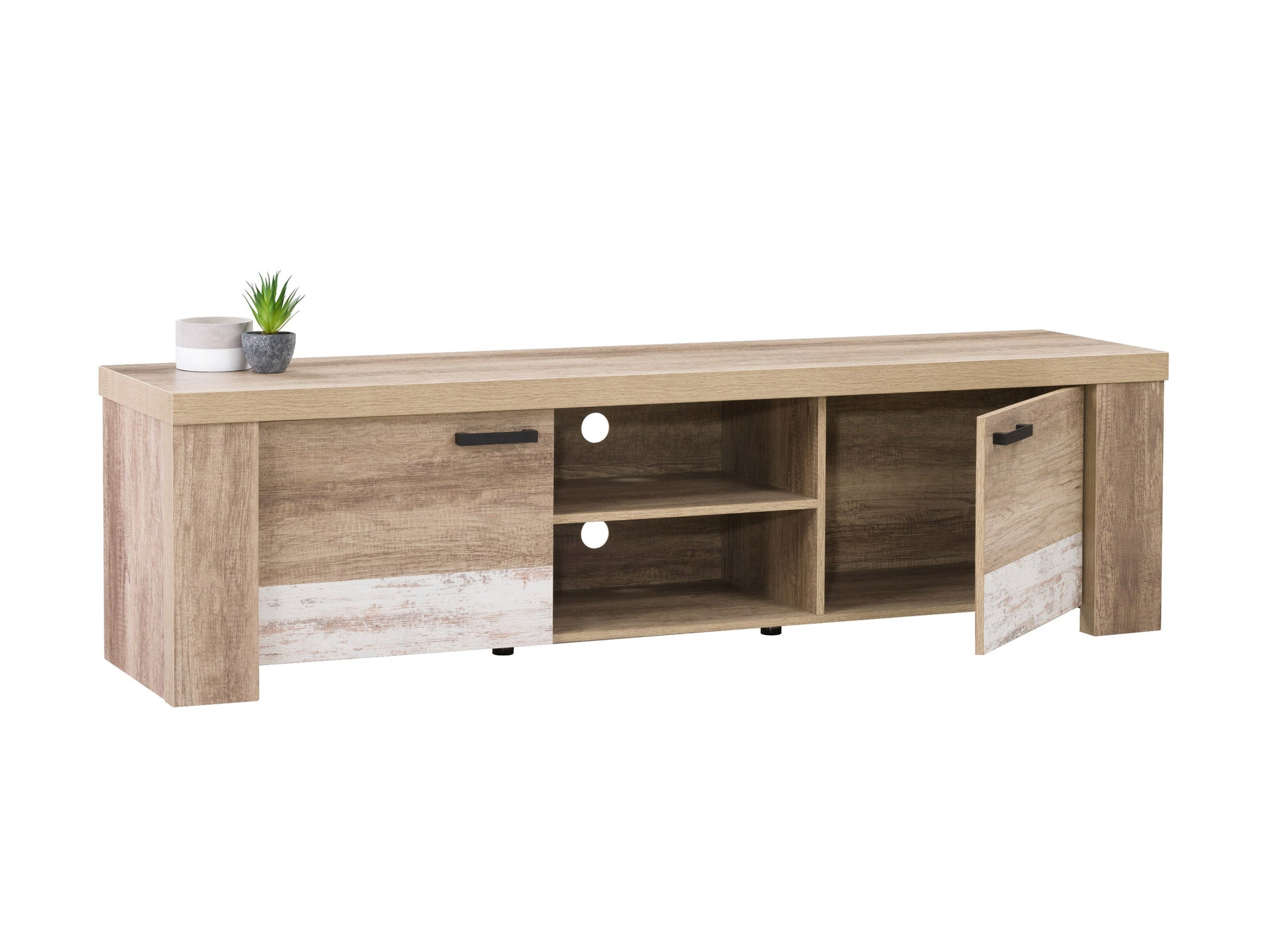 Modern TV stand for TVs up to 85 inches, featuring a sleek black finish, wooden accents, two sliding doors, and ample storage space.