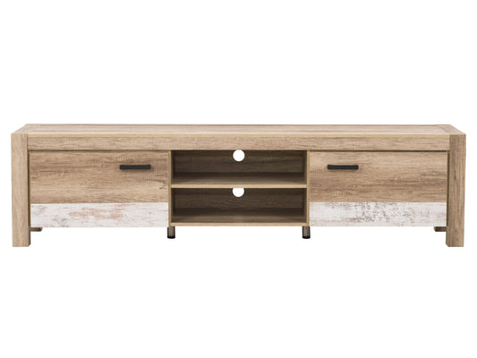 Modern TV stand in sleek white finish with wooden accents, featuring open shelves and two sliding doors for storage. Ideal for contemporary living rooms, enhancing organization and style.