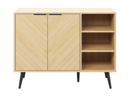 Modern wooden sideboard with a sleek walnut finish, featuring three drawers and two cabinet doors with minimalist black handles, standing on sturdy metal legs. Ideal for contemporary living rooms or dining areas.