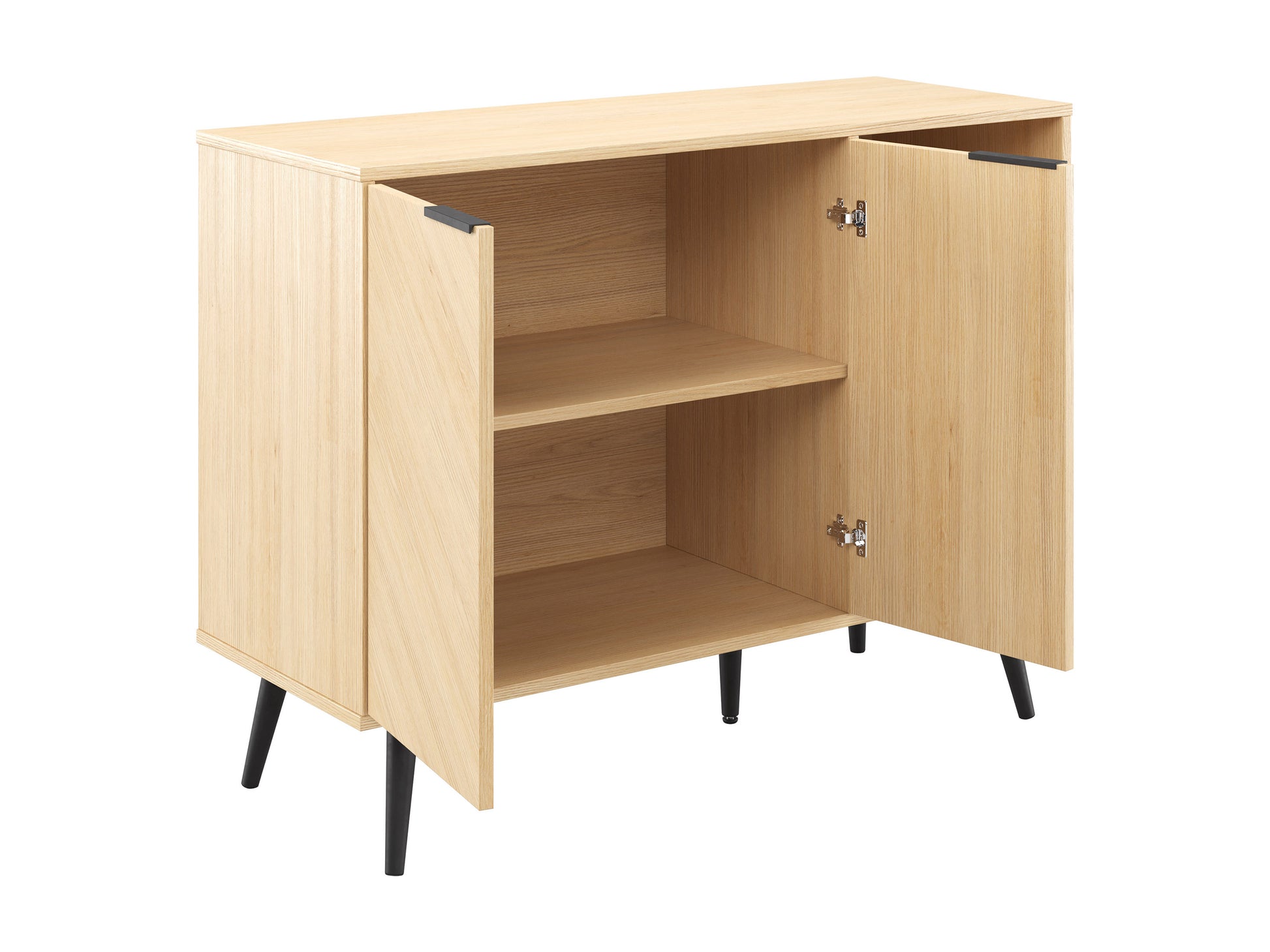 Modern wooden sideboard with three drawers and two cabinets, featuring a sleek walnut finish and minimalist metal handles. Ideal for contemporary living rooms or dining areas, offering ample storage space.