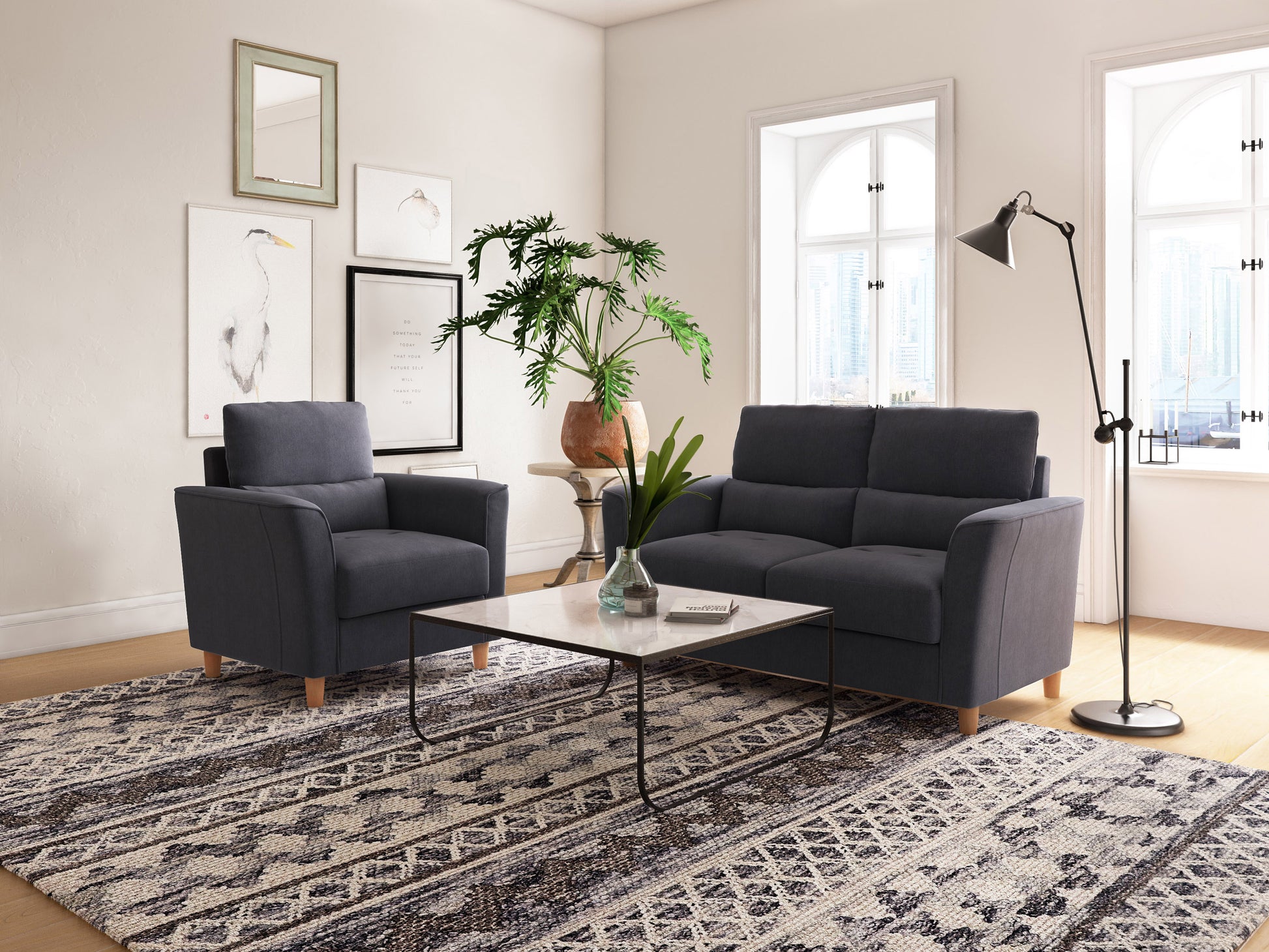 Gray modern fabric sofa set with wooden legs, featuring a three-seater couch, two-seater loveseat, and single armchair. The set includes plush cushions and a minimalist design, perfect for contemporary living rooms.