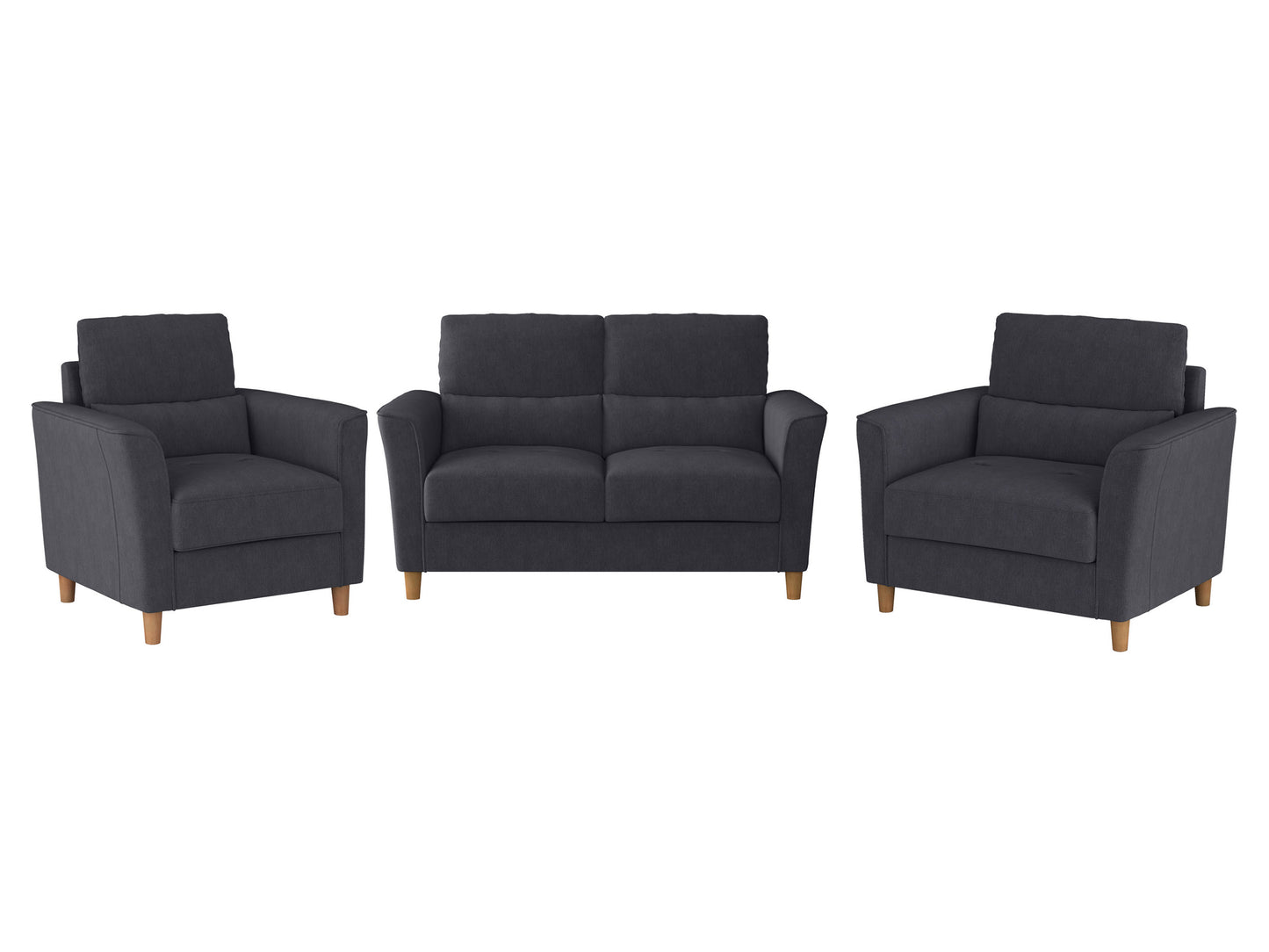 Gray 3-piece living room sofa set with modern design, includes a plush fabric sectional, a matching armchair, and a cushioned ottoman, all featuring sleek metal legs and soft, durable upholstery.