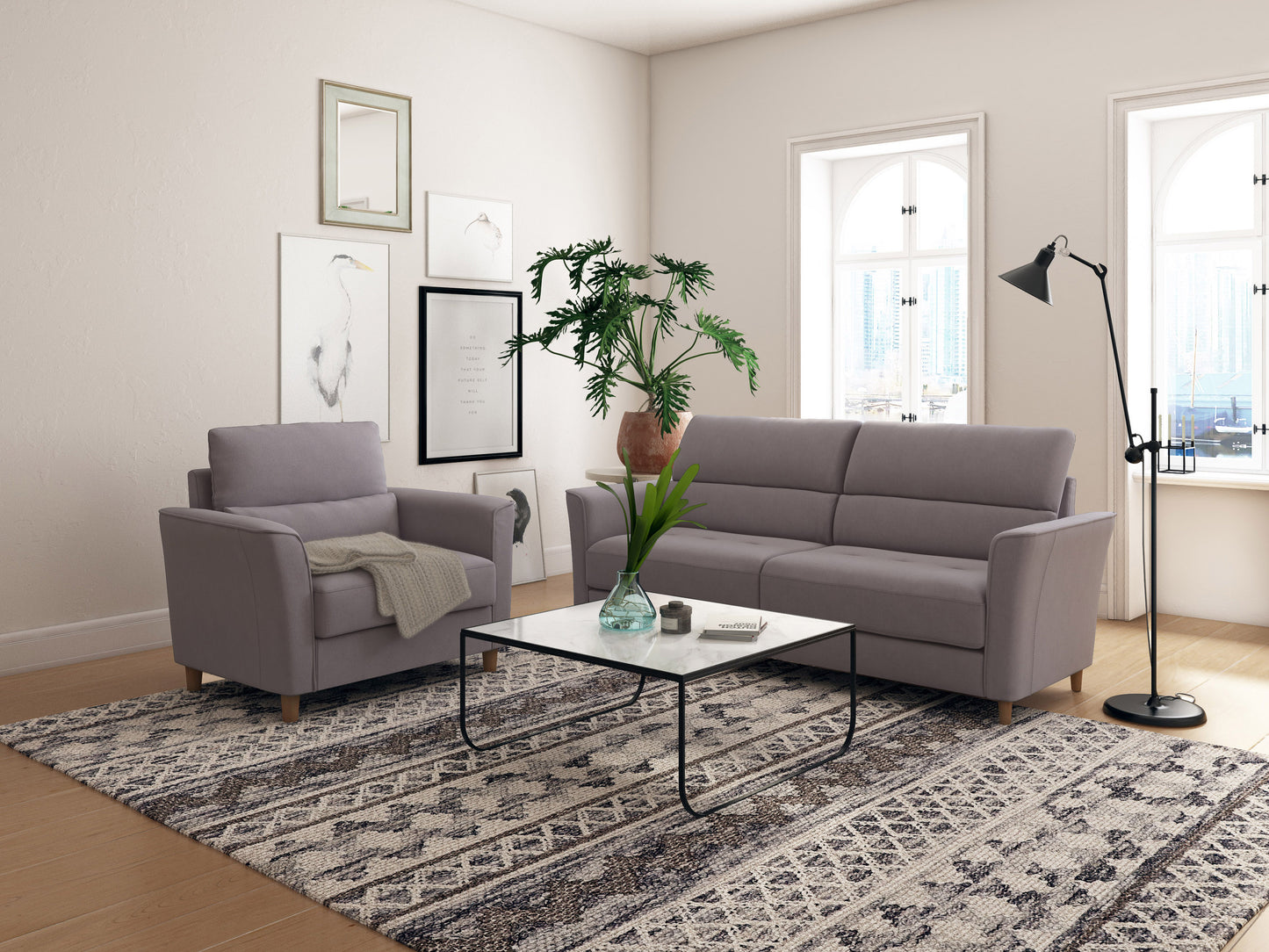 light grey 3 Seat Sofa and Chair Set, 2 piece Caroline collection lifestyle scene by CorLiving#color_light-grey