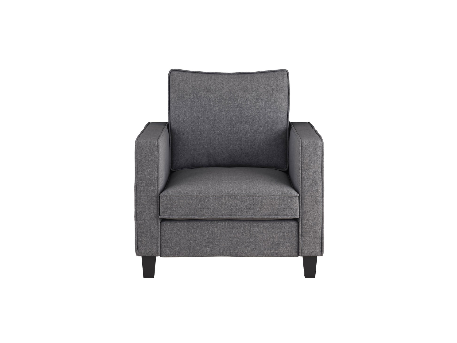 Modern gray fabric sofa and chair set with tufted cushions, wooden legs, and sleek design. Perfect for contemporary living rooms.