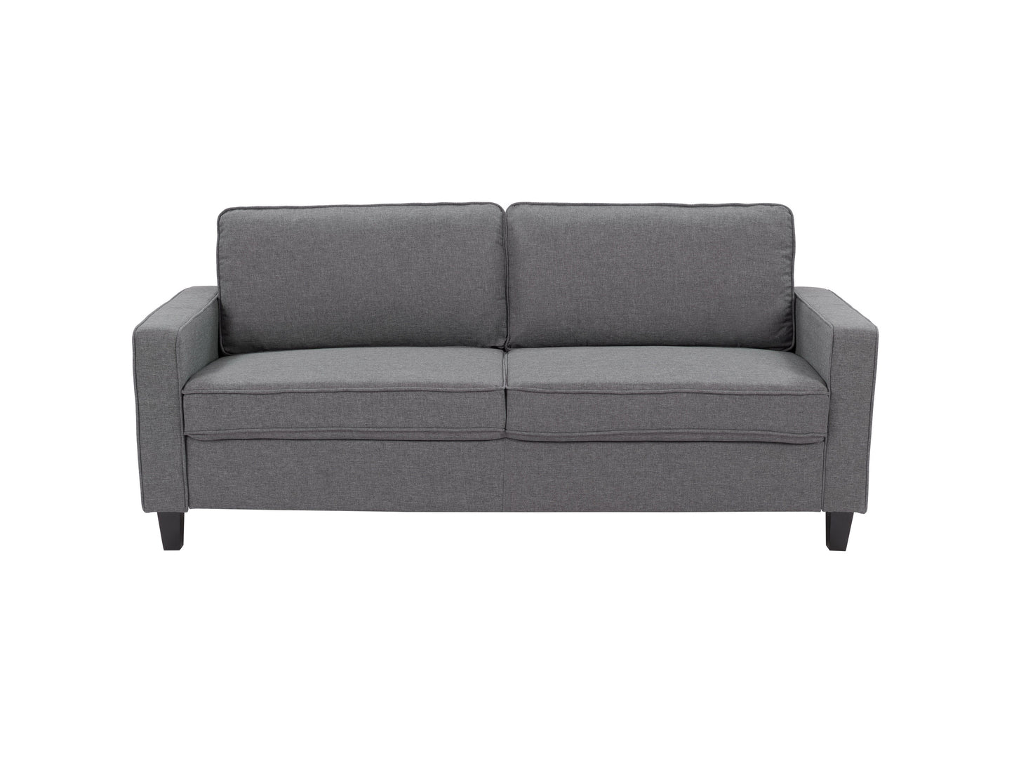 Gray modern sofa and chair set with wooden legs, featuring plush cushions and soft fabric upholstery. Ideal for contemporary living rooms, the set includes a spacious sofa and a matching armchair for coordinated seating.