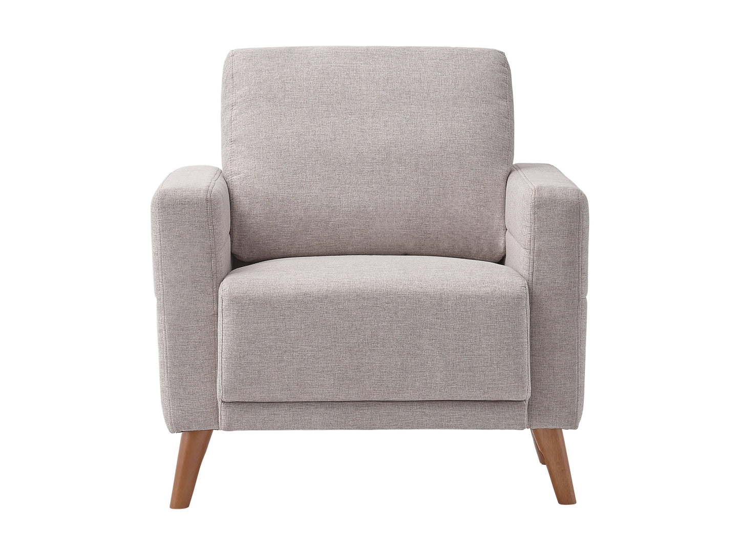 Mid-century modern armchair with a sleek wooden frame, upholstered in dark gray fabric. Features angled legs, cushioned seat, and backrest, perfect for living room or office decor.