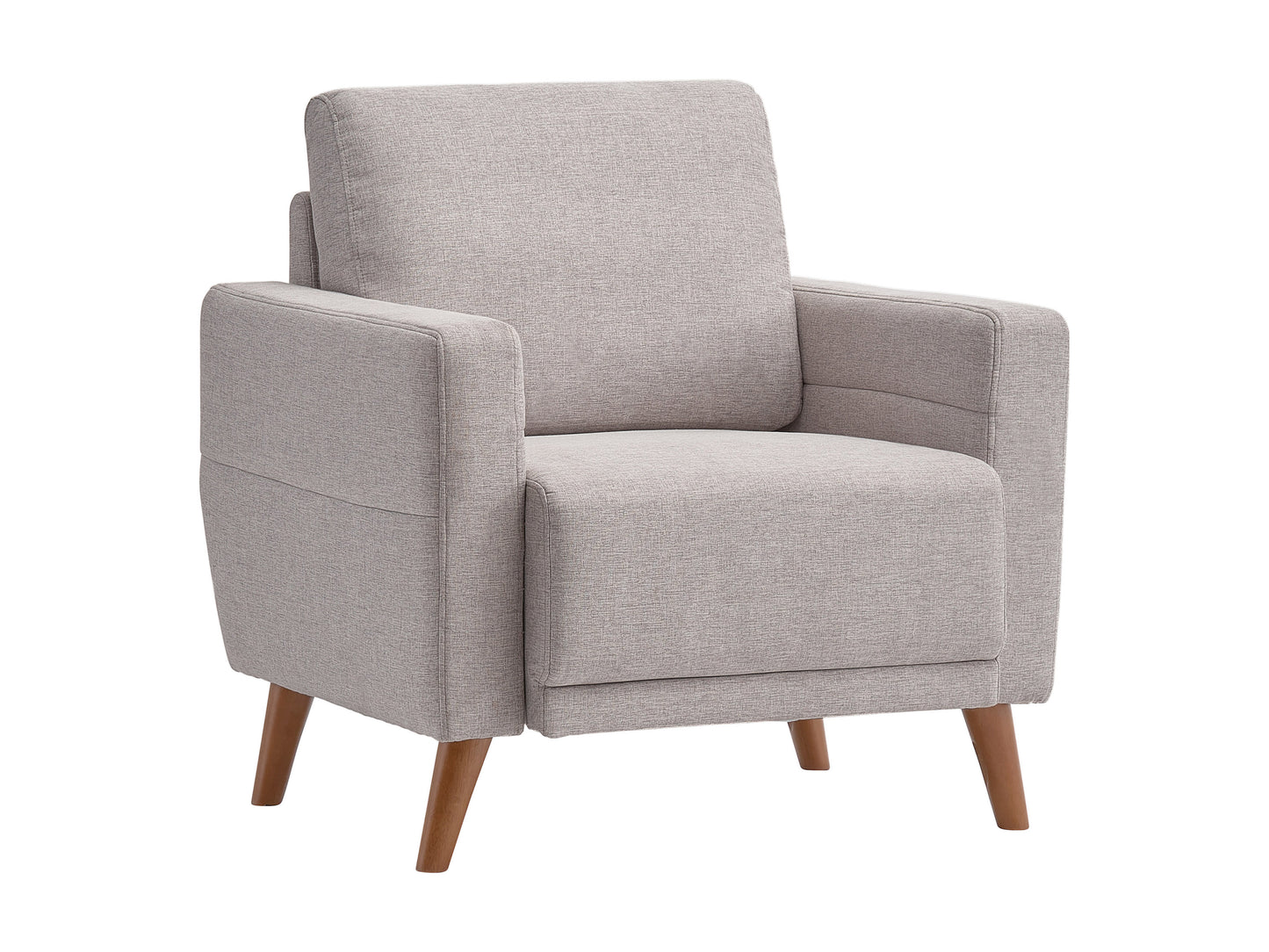 Modern armchair with sleek wooden legs, upholstered in light grey fabric, featuring a curved backrest and padded seat for comfort. Ideal for contemporary living rooms or offices.