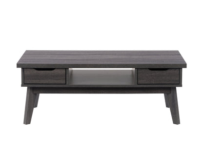 Modern coffee table with a rectangular wood top, black metal frame, and lower shelf. The table features a minimalist design with clean lines, perfect for contemporary living rooms.