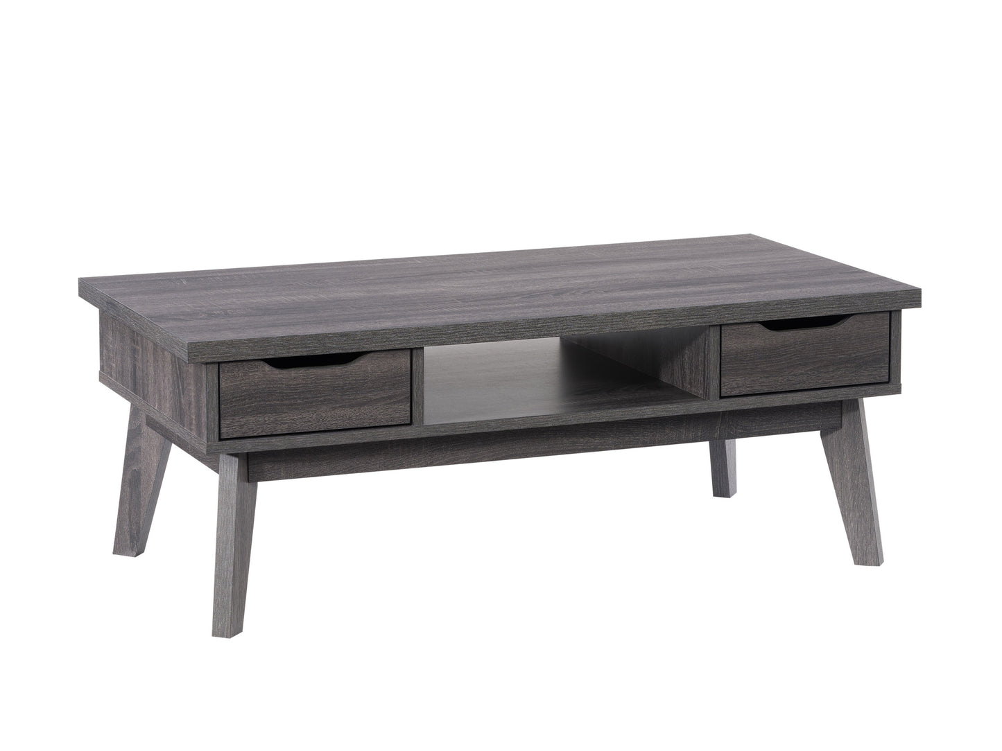 Modern rectangular coffee table with sleek black metal frame and rustic wood top, featuring a lower shelf for additional storage, perfect for contemporary living rooms.