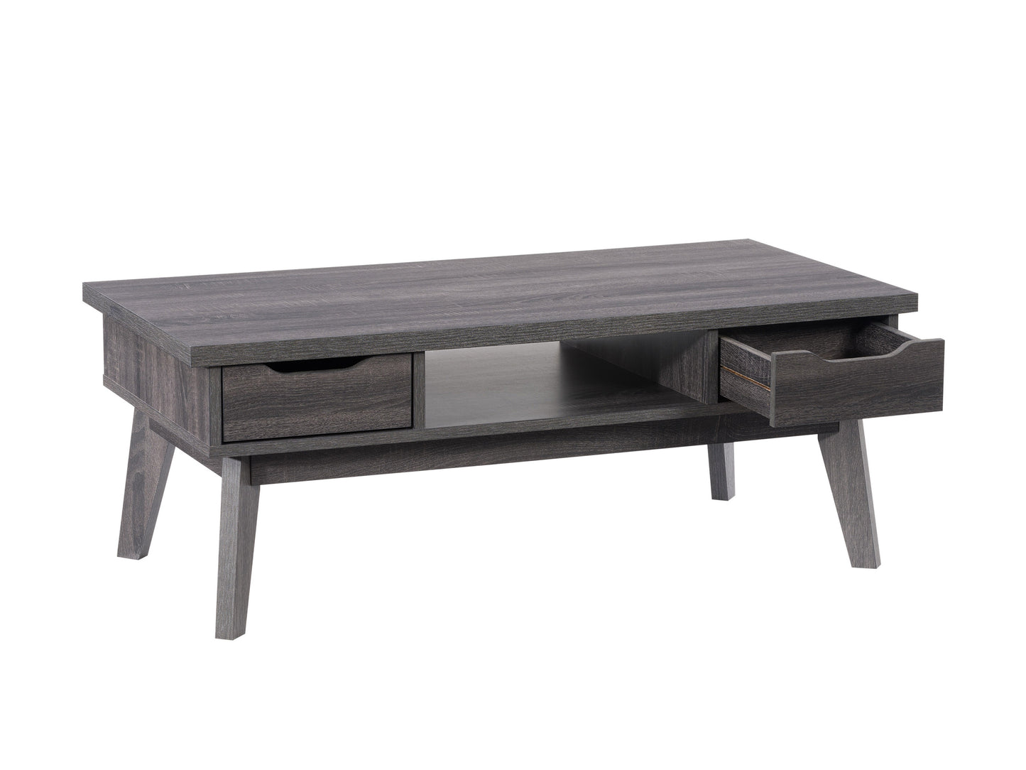 Modern wooden coffee table with a sleek black metal frame, featuring a light oak finish and a lower shelf for storage. Ideal for contemporary living rooms.