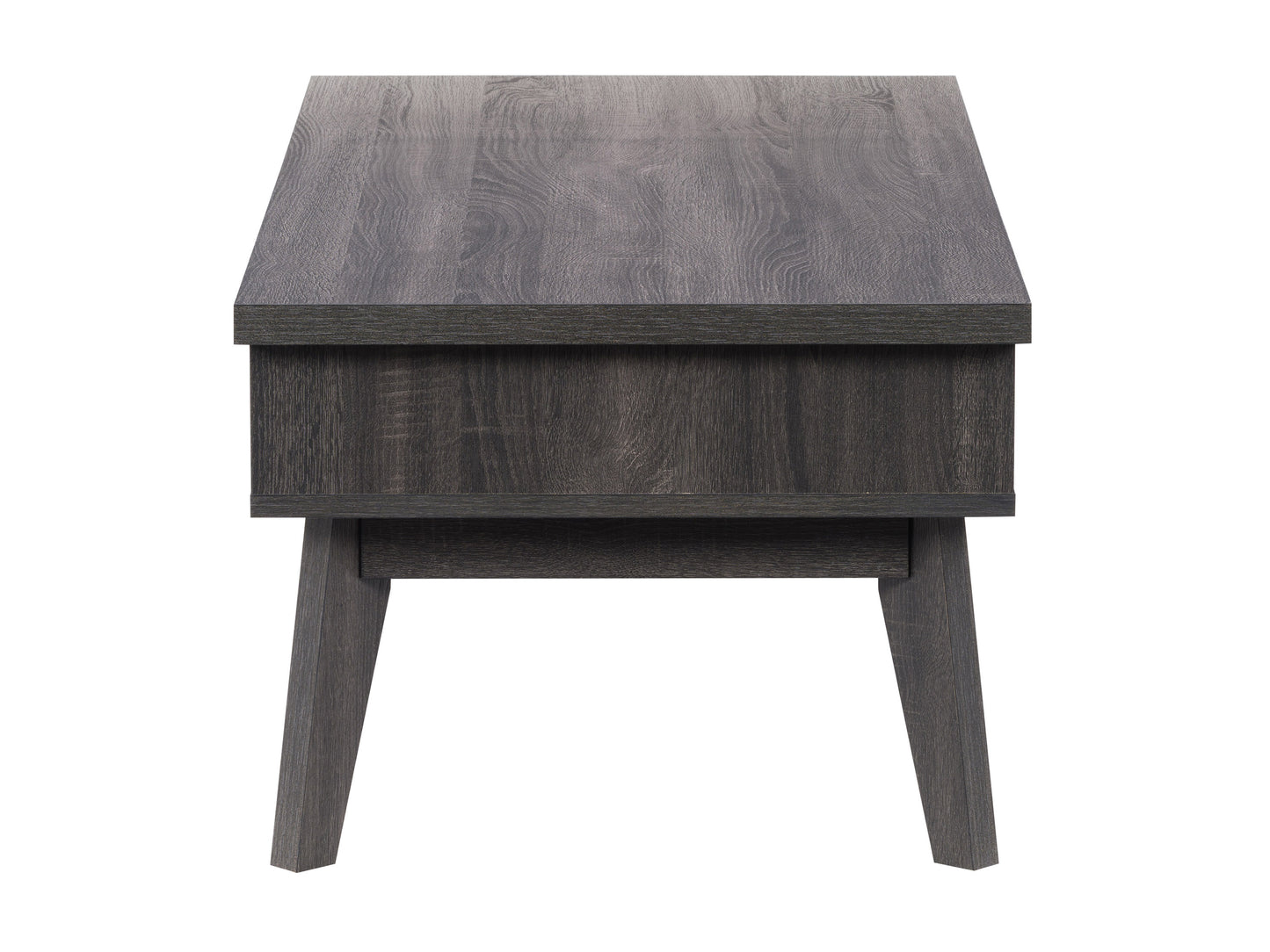 Modern wooden coffee table with a natural oak finish, featuring sleek black metal legs, a lower shelf for storage, and a smooth rectangular surface, perfect for contemporary living rooms.