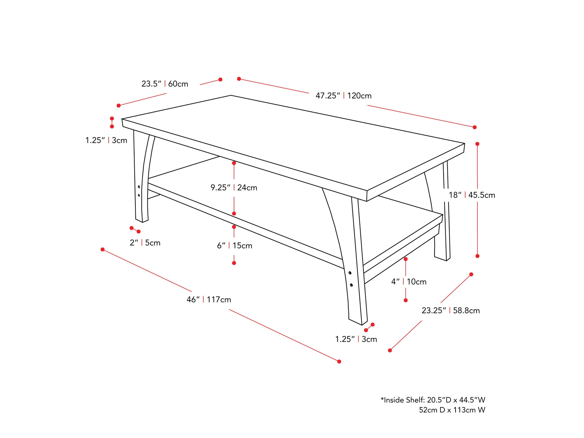 dark grey Two Tier Coffee Table Hollywood Collection measurements diagram by CorLiving#color_dark-grey