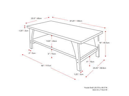 Two tier coffee table with a sleek black metal frame, glass top, and lower wooden shelf in a natural oak finish; modern design ideal for living rooms, offering both style and functional storage space.