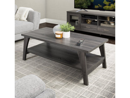 Two-tier coffee table with a sleek black metal frame, light wood finish, and open shelving design. Perfect for modern living rooms, providing ample storage and display space.