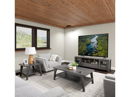 Two-tier coffee table with a sleek black metal frame and wooden shelves in a natural finish, featuring a minimalist design perfect for modern living rooms.