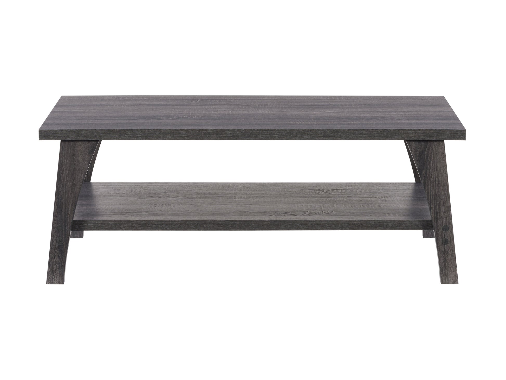 Modern rectangular wood coffee table with black metal legs, featuring a natural wood grain finish and a lower shelf for storage, perfect for contemporary living rooms.