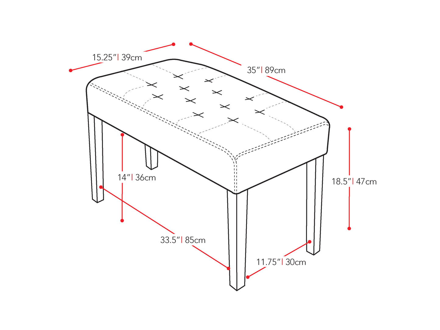 black Upholstered Bench Fresno Collection measurements diagram by CorLiving#color_fresno-black