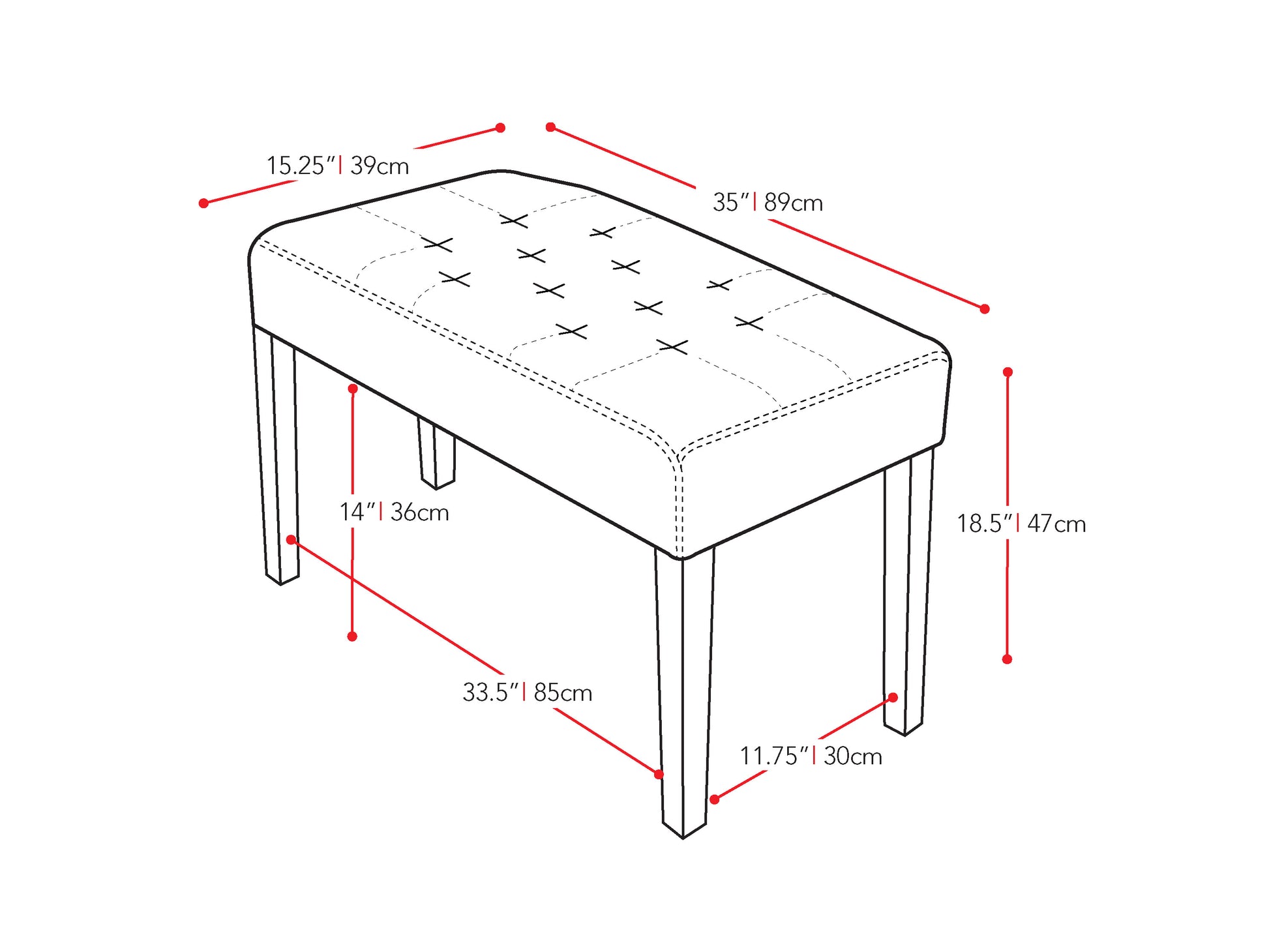 black Upholstered Bench Fresno Collection measurements diagram by CorLiving#color_fresno-black