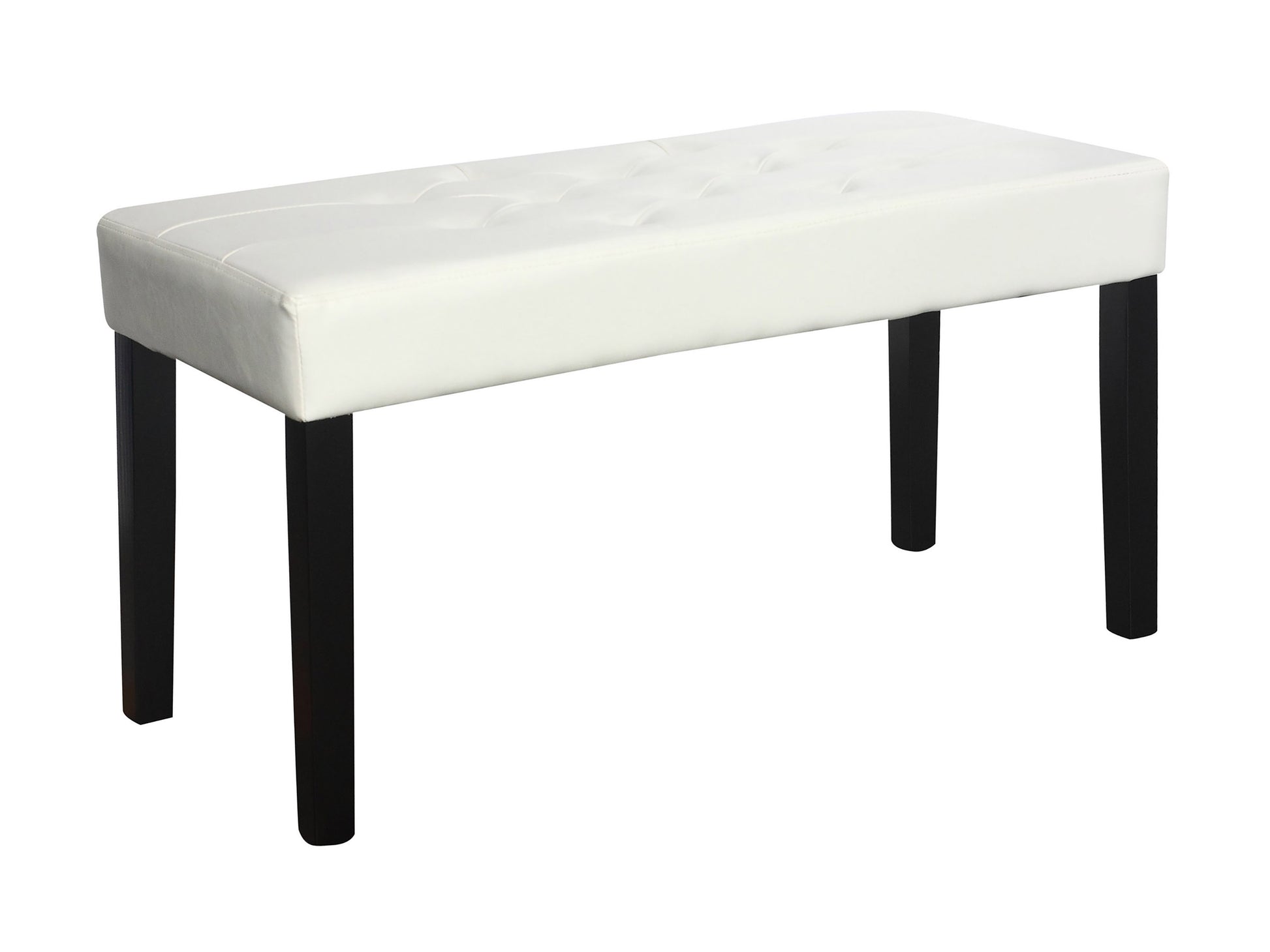 Gray upholstered bench with tufted cushion, dark wooden legs, and a sleek, minimalist design. Ideal for modern living rooms or entryways, offering both style and comfort.