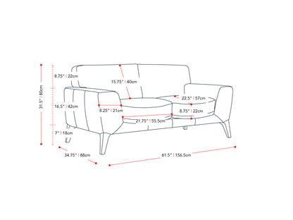 Modern gray fabric loveseat with tufted backrest, sleek wooden legs, and plush cushions, perfect for contemporary living rooms or small spaces.