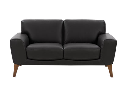 Brown faux leather loveseat with tufted backrest, wooden legs, and modern design. Comfortable seating for two, perfect for small living rooms or office spaces. Durable and stylish furniture piece.